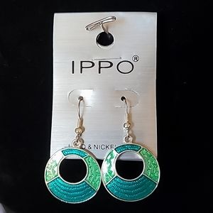 New! IPPO Green & Blue Enamel Coated Circle Medallion Hook Earrings.